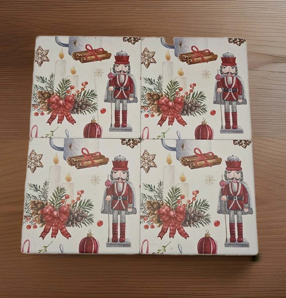 4 Christmas Ceramic Coasters Nutcracker Cork Backing 4" Square